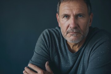 Obraz premium A person in a gray shirt looks directly at the camera, attention focused