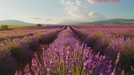 Naklejka premium Lavender flower blooming scented fields in endless rows. 
