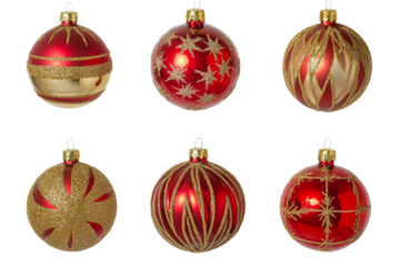 Collection of six beautifully decorated red and gold Christmas ornaments featuring intricate designs, perfect for holiday decor and celebrations.