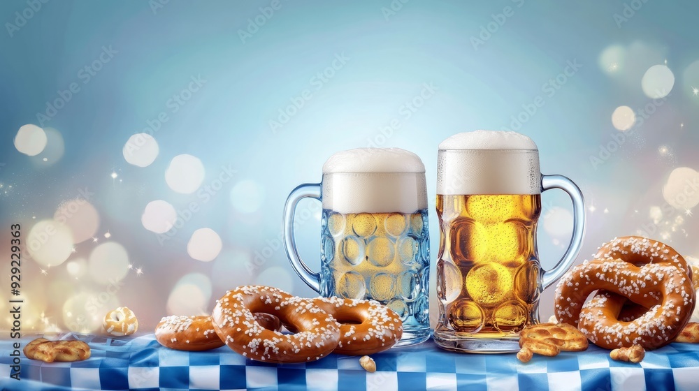 Wall mural Freshly poured beers with soft pretzels on a festive table with blue and white cover