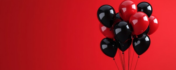 Bunch of black and red balloons floating on red background Black Friday