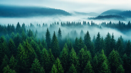 Fototapeta premium Misty Forest Aerial View on a Foggy Day, Serene Morning Landscape with Dense Green Pine Trees and Rolling Fog