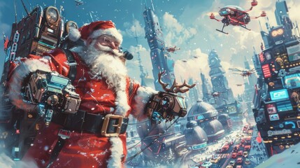 Obraz premium Futuristic Santa Claus delivering gifts in a snowy cyber city during Christmas