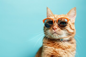 A playful orange cat wears trendy sunglasses on a bright blue background, perfect for using in...