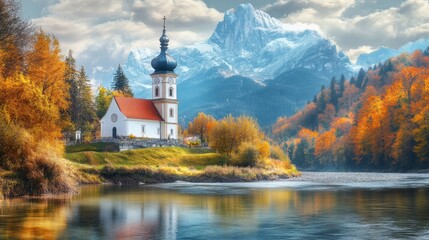 Obraz premium Gorgeous scenery found in nature. Amazing view in October. Beautiful mountain scenery found in the Bavarian Alps. quaint little church beside the river.viewpoint of the well-known St. Sebastian Parish