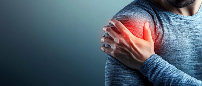 A detailed illustration of a hand gripping a shoulder, with intense red highlights around the joint, emphasizing the acute pain against a desaturated background, shoulder pain, acute discomfort
