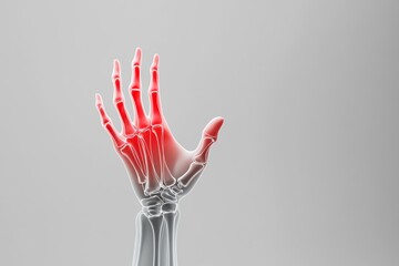 Illustration of a hand with bright red glow, symbolizing carpal tunnel pain, contrasted against a gray-scale arm and fingers, wrist pain, acute carpal tunnel illustration