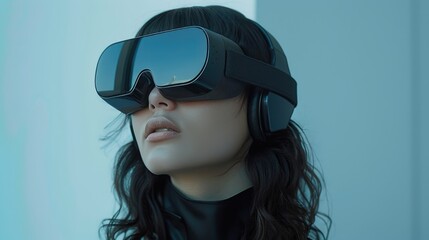 Woman wearing futuristic virtual reality headset experiencing immersive digital world and advanced technology innovation
