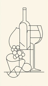 recommend clip art: Minimalist line art depicting wine bottle, wine glass and grapes