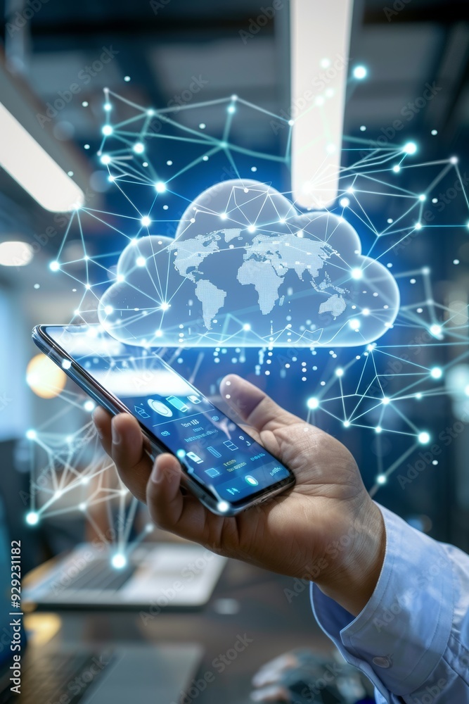 Poster businessman accessing secure global network, cloud computing and data storage technology