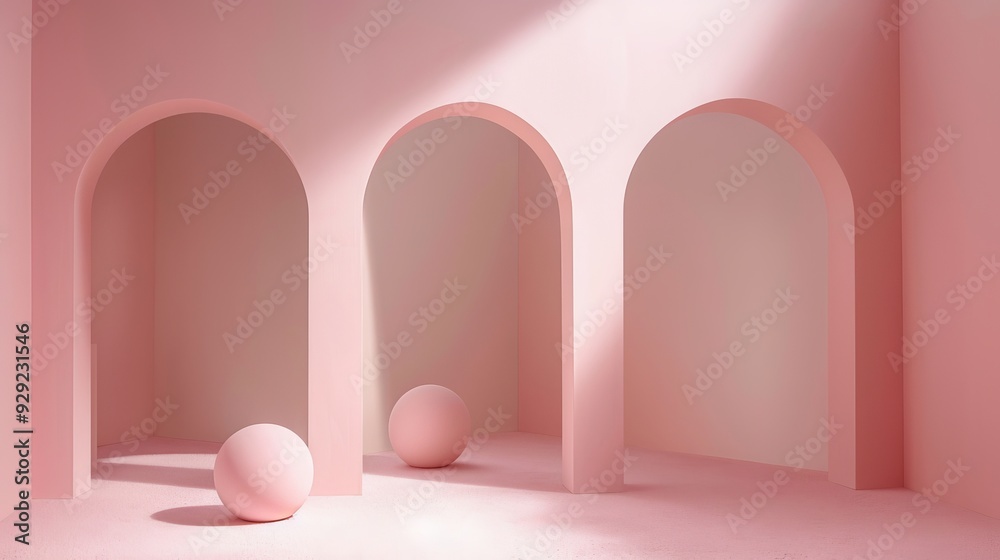 Poster Soft pink arches frame a tranquil setting with two simple spheres quietly resting on the smooth floor