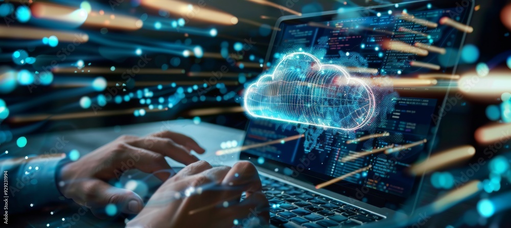 Poster working on laptop with cloud computing visual data streaming and digital transformation concept.