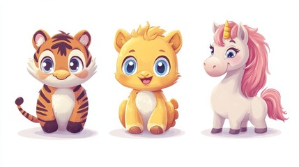 Obraz premium Cute cartoon baby animals posing: tiger cub, lion cub and unicorn