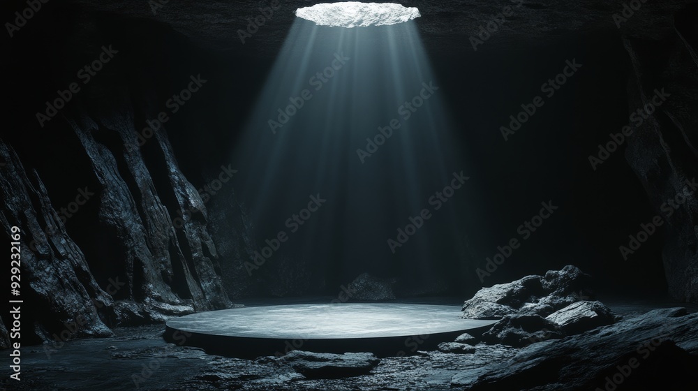 Sticker Empty round stone podium in a dark cave being illuminated from above Black Friday