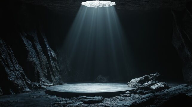 Empty round stone podium in a dark cave being illuminated from above Black Friday