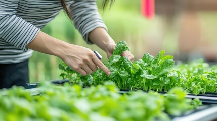 A technician tends to lettuce plants, ensuring optimal nutrient levels for healthy growth