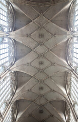 Nave of St. Vitus Cathedral. Openwork vaulted ceiling. Edge and ribs of arched vaults. Prague...