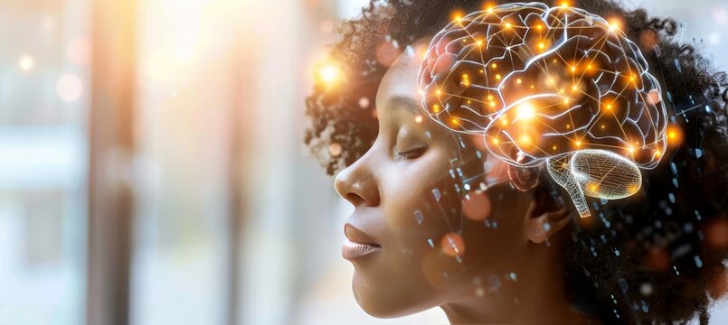 Illuminated Mind African American Woman Profile with Glowing Brain Graphic and Network Overlay