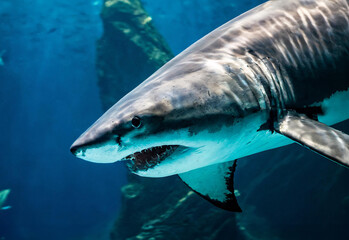 Naklejka premium Great white shark view in depth of sea; clear turquoise waters 