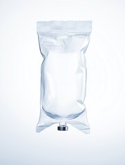 A clear plastic IV bag with a white cap, isolated against a vibrant white background.