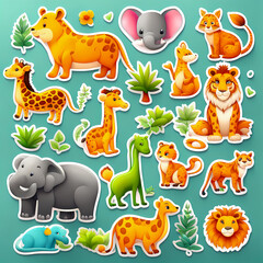 Set of cute animals stickers for kids on abstract background, design illustration wallpaper 