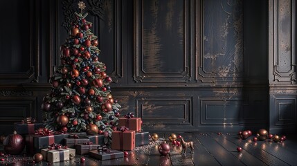 Naklejka premium An elegantly decorated Christmas tree in a luxurious living room, surrounded by festive decor, evoking a warm holiday atmosphere. 