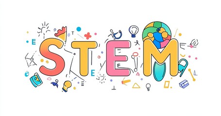 Fototapeta premium Colorful STEM education illustration with science, technology, engineering, and math symbols