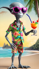 alien wearing a hawaiian shirt and sunglasses on a tropical beach summer