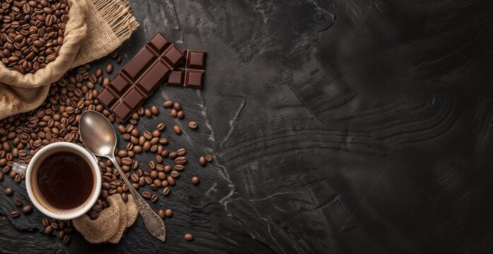 Dark chocolate pieces and coffee beans scattered on a dark stone surface, offering a rich and luxurious visual contrast.

