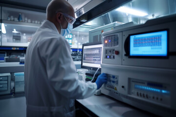 A scientist in a laboratory operates advanced, high-tech equipment. Working with a computer interface connected to sophisticated lab instruments. Scientific research and data analysis.