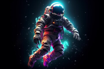 A futuristic astronaut floating in space with glowing effects.