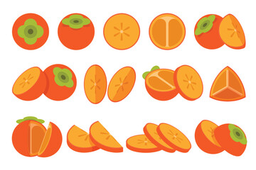 Set of orange Persimmon, Farm fresh Persimmon product emblem for grocery shop, Slides, long and cross sections, and different positions, simple flat vector illustration of vegetables and fruits.