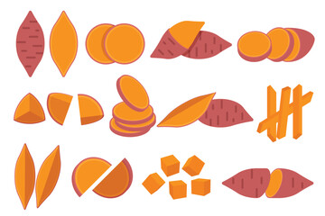 Set of Sweet Potato, Farm fresh Sweet Potato product emblem for grocery shop, Slides, long and cross sections, and different positions, simple flat vector illustration of vegetables and fruits.