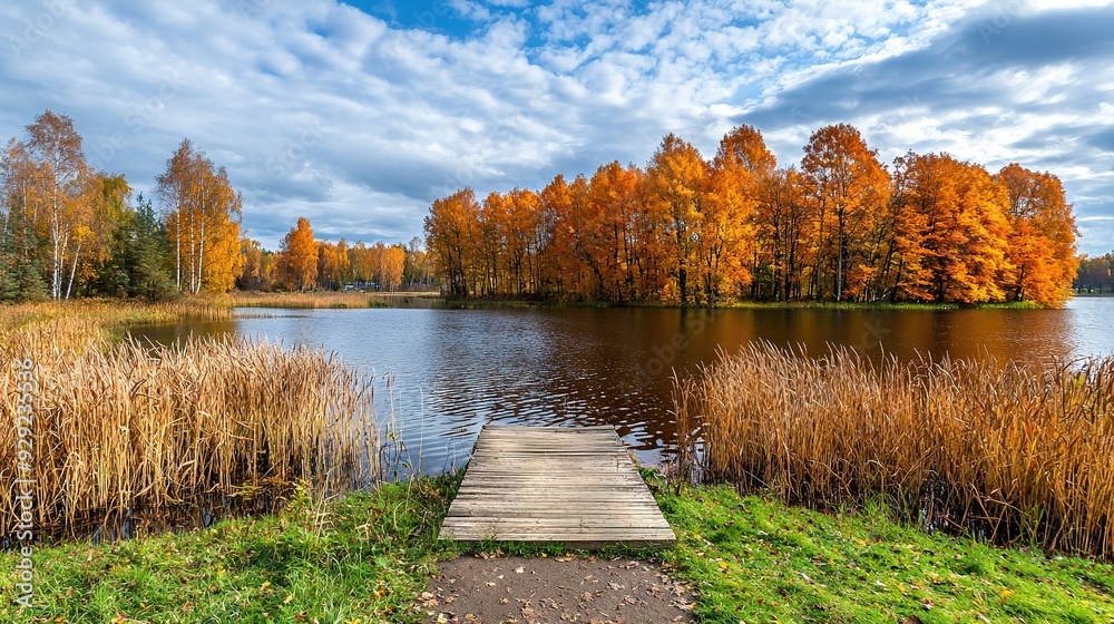 Poster   Wooden dock surrounded by tall grass and trees with orange-yellow leaves in the middle of the lake