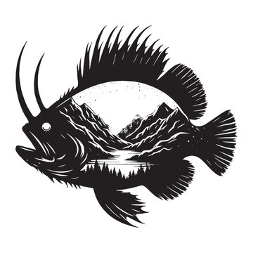 recommend clip art: silhouette of Anglerfish filled with mountain and nature view in rough drawing