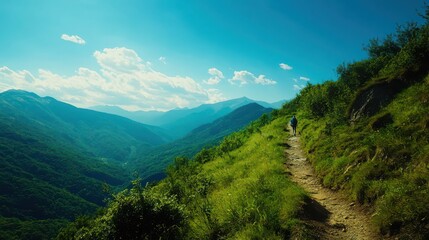 Obraz premium Scenic mountain hiking trail with a single hiker enjoying a breathtaking view. The landscape features lush greenery and clear blue skies, showcasing the beauty and tranquility of nature.