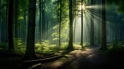 Naklejka premium light shining into the green woods