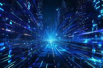 Naklejka premium A futuristic cityscape with light trails suggesting speed and technology.