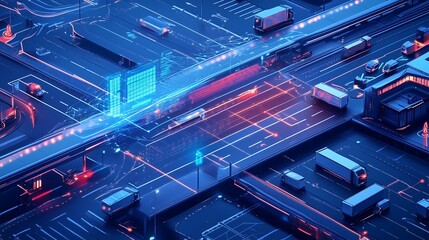 A futuristic cityscape with roads, vehicles, and digital elements.