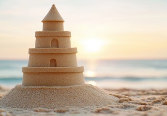 Intricate sand castle on beach at sunset