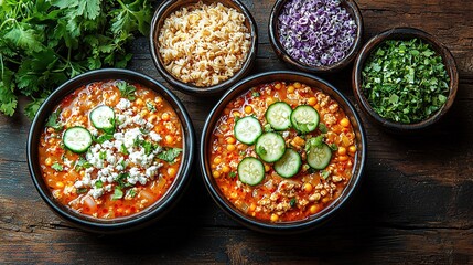   A table topped with bowls of various foods, including rice, beans, and cucumbers