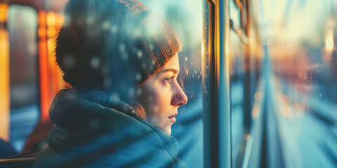 A woman with a hat gazes thoughtfully out of a window, capturing a moment of reflection and tranquility. - Powered by Adobe