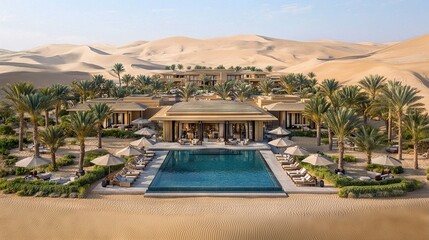 Fototapeta premium resort with pool surrounded by palm trees, lounges in foreground, sand dunes in background