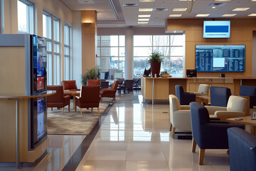 Customer-friendly bank lobby with comfortable seating, a coffee station, and interactive digital displays for financial information.