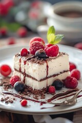 A creamy layered dessert covered with raspberries, blueberries, and chocolate drizzle, served on a plate on a table.