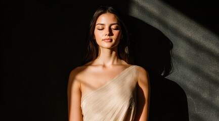 Fototapeta premium woman in beige dress with eyes closed