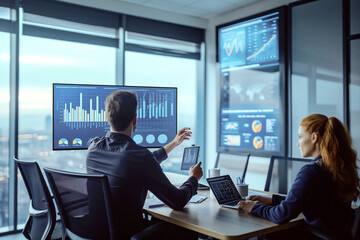 Team of financial advisors collaborating in a conference room with large windows, reviewing documents and charts on a digital screen.