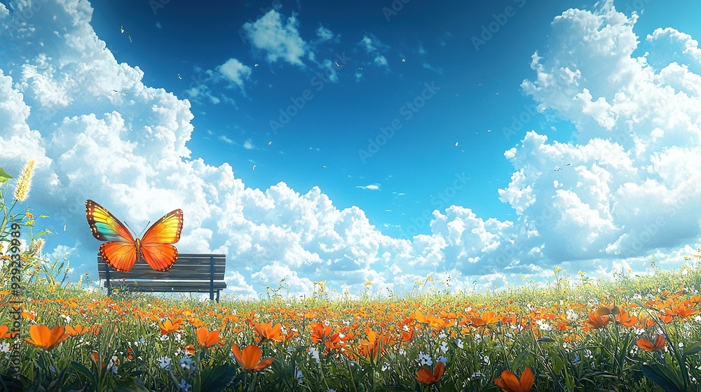 Sticker   A painting of a butterfly perched atop a park bench amidst a vivid floral landscape and a serene blue sky as backdrop