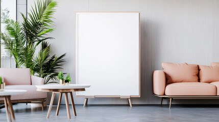 Modern living room featuring stylish furniture, plants, and a blank canvas for creativity in a bright, inviting space.
