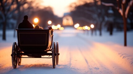 A winter scene featuring a horse-drawn carriage on a snowy street, illuminated by warm street lights at dusk.